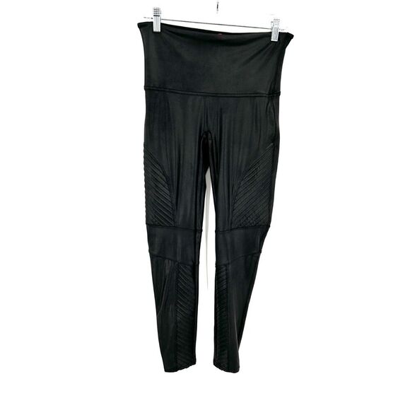 SPANX Black Faux Leather Moto Pull On Skinny Stretch Ankle Leggings Size XL - Picture 2 of 7